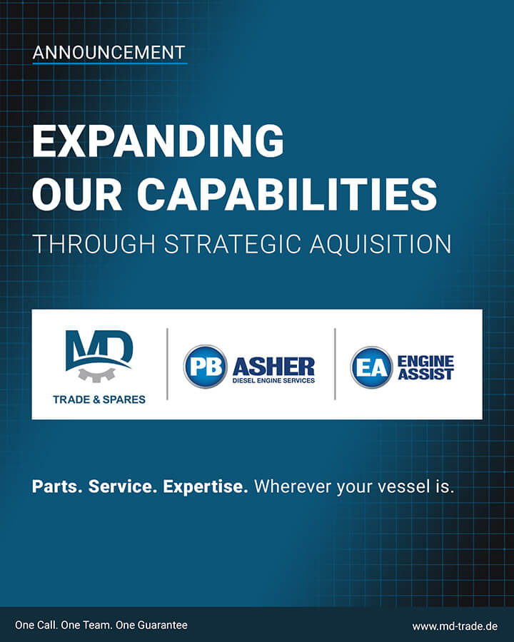 MD Trade & Spares is expanding our capabilities through strategic acquisition: MD Trade & Spares, PB Asher, Engine Assist. We have all the spare parts you need, on board engineering support, workshop repair and reconditioning. All in one point of contact. one invoice. one guarantee. MAN 48/60 spare parts. MAN 51/60 spare parts. MAN 58/64 spare parts. Pielstick PC2.2 spare parts. Pielstick PC2.5 spare parts. Pielstick PC2.6 spare parts