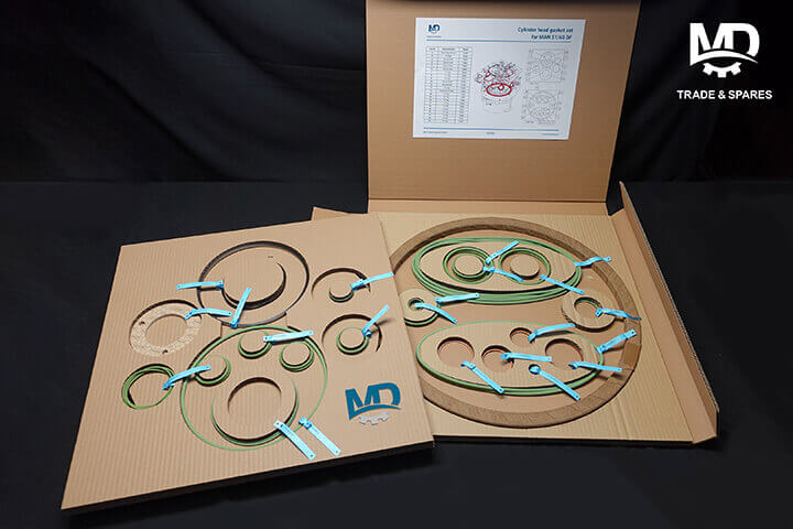 Cylinder Head Gasket Sets Suitable for MAN 51/60DF. Clearly organised and securely packed. Each component labelled with part identification and quantity. Detailed layout inside the box for quick reference.
In addition to MAN 51/60DF gasket set, we also supply cylinder head gasket sets suitable for MAN 48/60A, MAN 48/60B, MAN 48/60CR, MAN 58/64AB, MAN 58/64CD. 
Spare parts for MAN 51/60 engines
Engine spares MAN 51/60
MAN 51/60 engine spares
MAN 51/60 spare parts