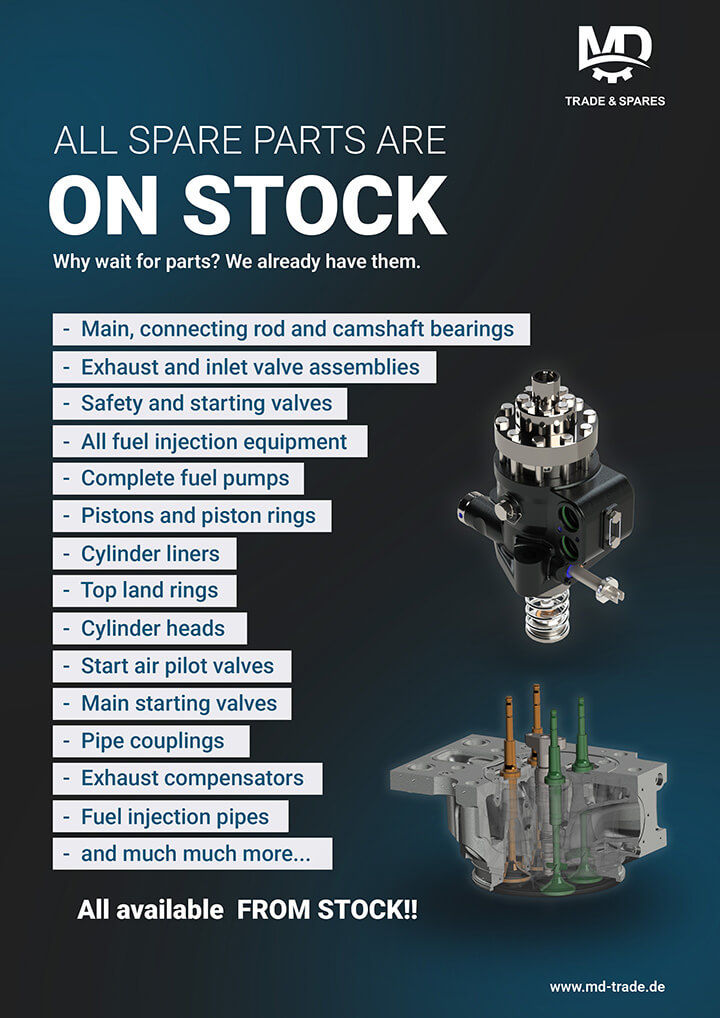 At MD Trade & Spares, we maintain a complete spare parts portfolio to support your engine overhaul requirements. we supply a wide range of components, including: main, connecting rod and camshaft bearings, all fuel injection equipments, complete fuel pumps, pistons and piston rings, cylinder head and cylinder liners, and much more. Approaching overhaul hours? Let's discuss your overhaul plan and get everything prepared in advance. 
Engine spares MAN 48/60
Engine spares MAN 51/60
Engine spares MAN 58/64
Engine spares Pielstick PC2.2
Engine spares Pielstick PC2.5
Engine spares Pielstick PC2.6
